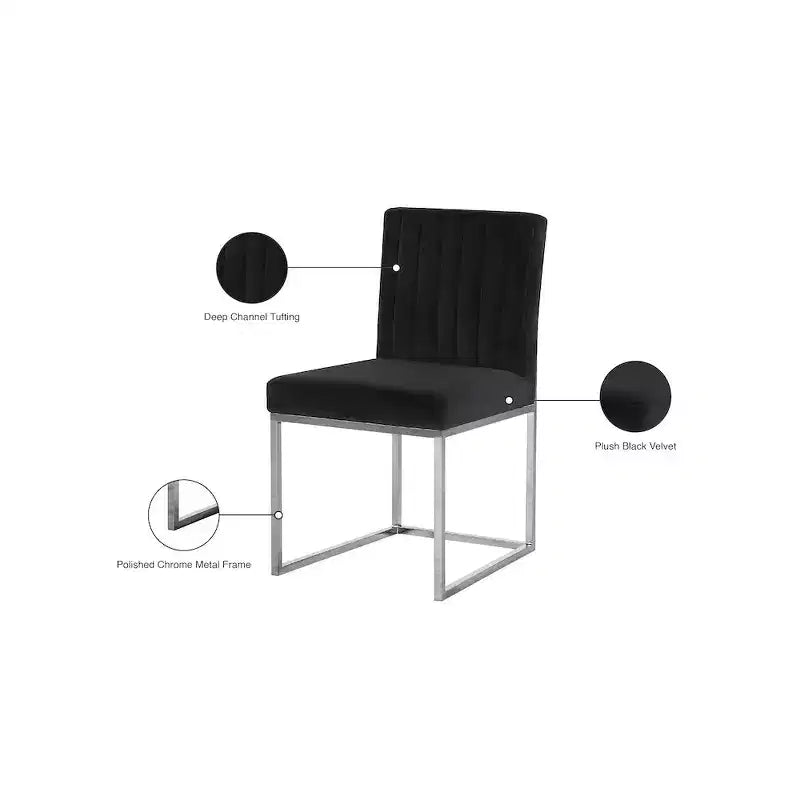 Chaise de salle à manger en velours noir, sans accoudoirs, lot de 2