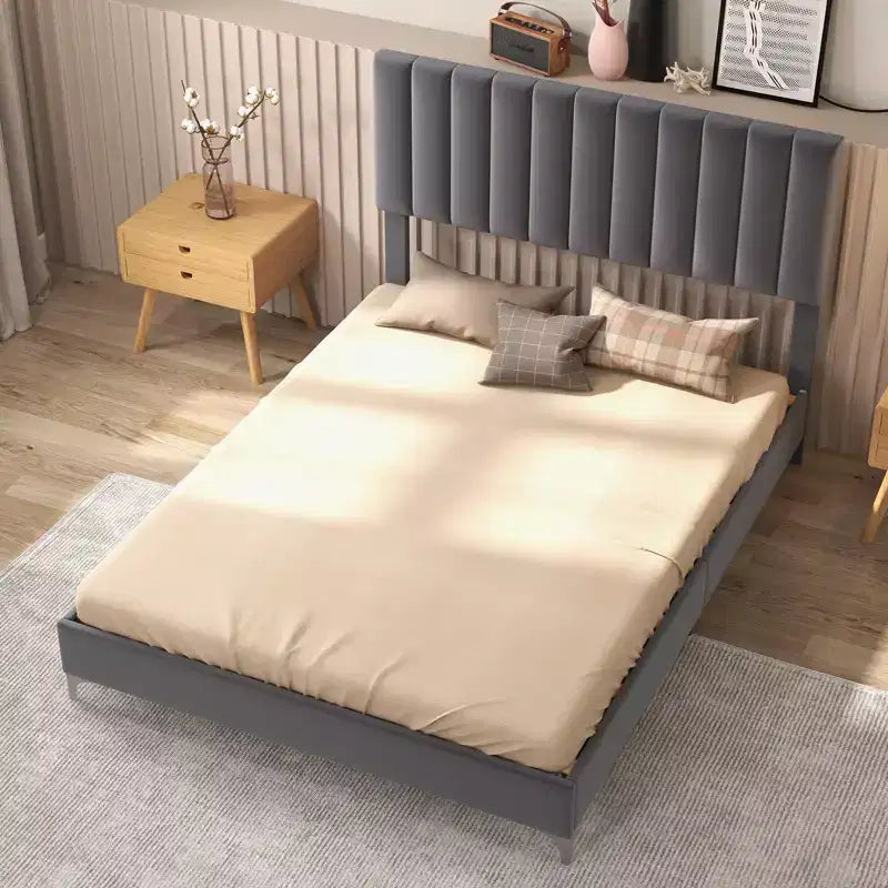 Lit plateforme rembourré en velours gris foncé, tête de lit réglable, pour 2 personnes