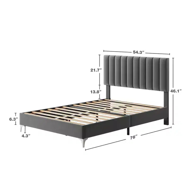 Lit plateforme rembourré en velours gris foncé, tête de lit réglable, pour 2 personnes