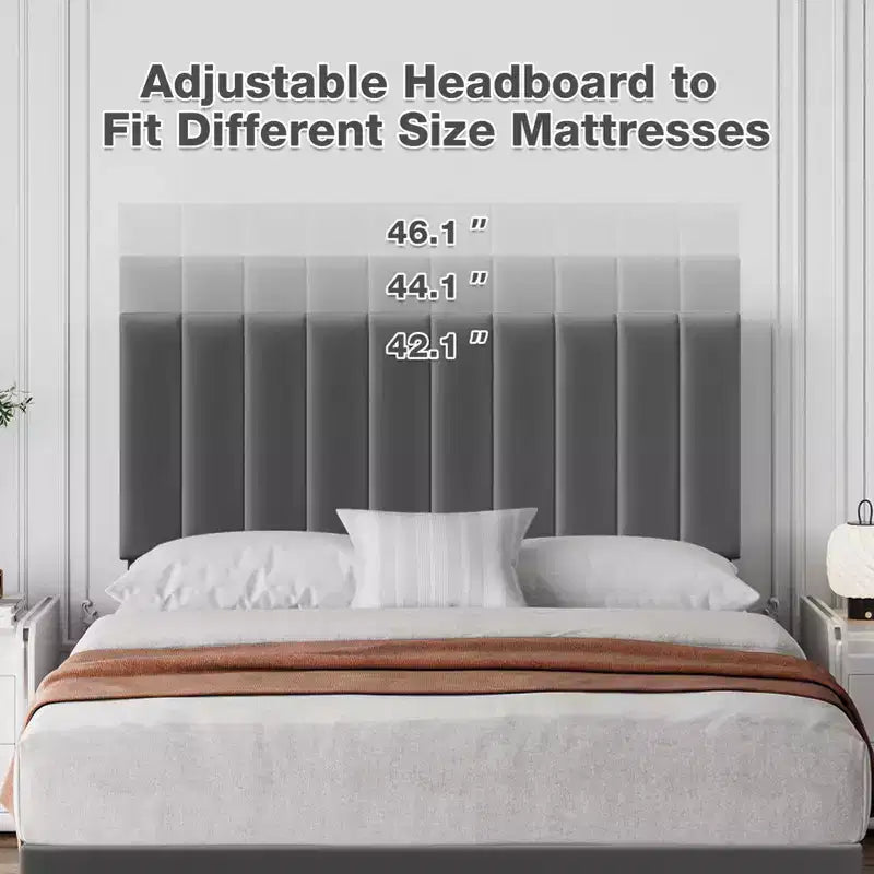 Lit plateforme rembourré en velours gris foncé, tête de lit réglable, pour 2 personnes