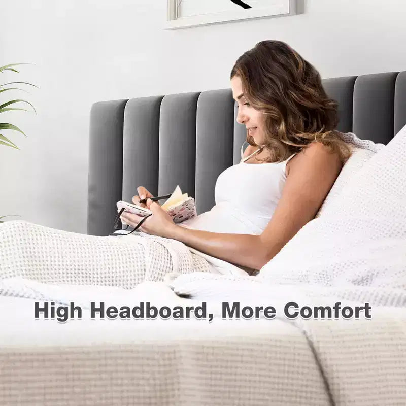 Lit plateforme rembourré en velours gris foncé, tête de lit réglable, pour 2 personnes