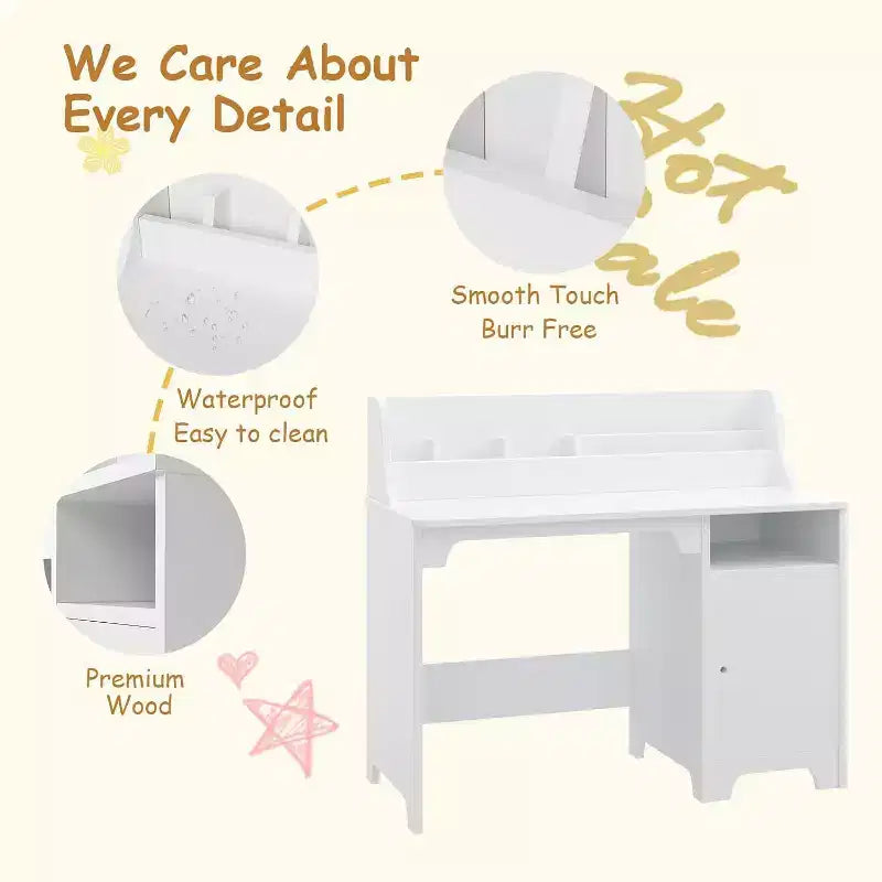 Bureau et chaise pour enfant, rose/blanc, avec étagère et rangement, 1 place