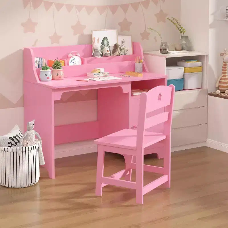 Bureau et chaise pour enfant, rose/blanc, avec étagère et rangement, 1 place