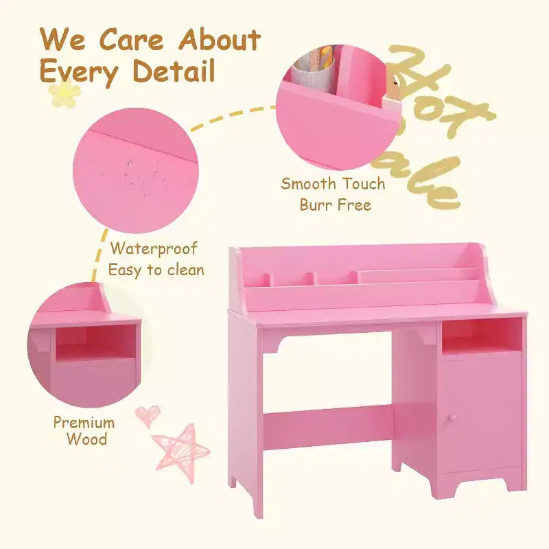 Bureau et chaise pour enfant, rose/blanc, avec étagère et rangement, 1 place