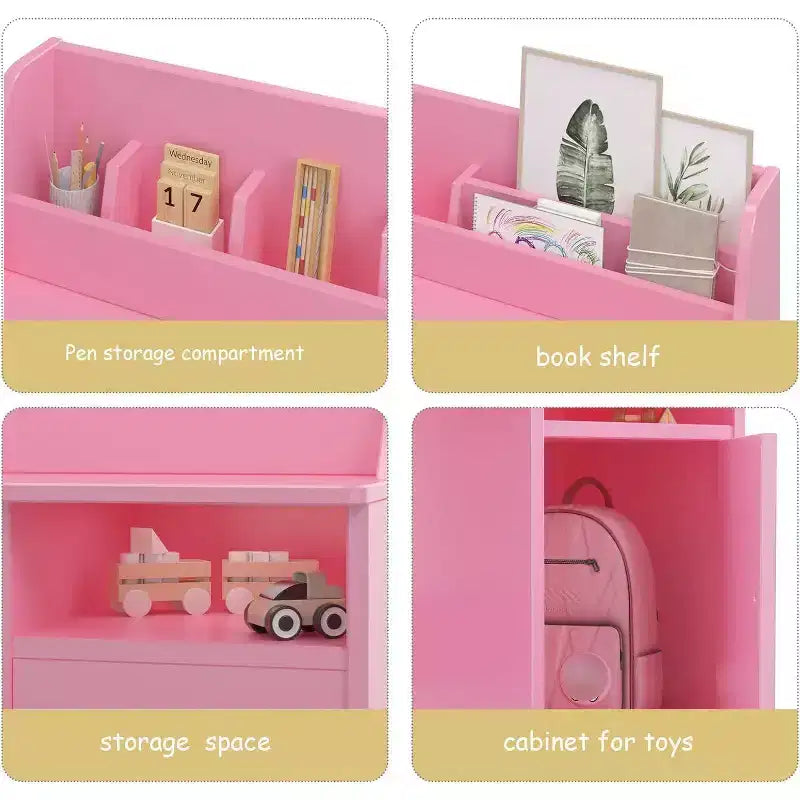 Bureau et chaise pour enfant, rose/blanc, avec étagère et rangement, 1 place