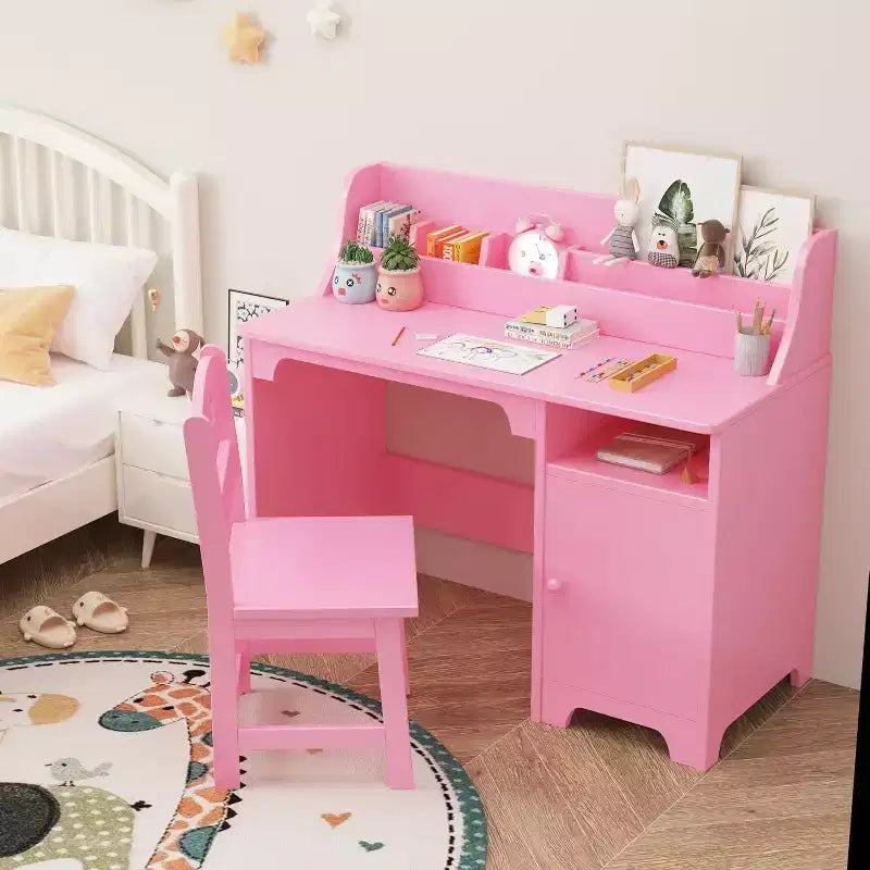 Bureau et chaise pour enfant, rose/blanc, avec étagère et rangement, 1 place