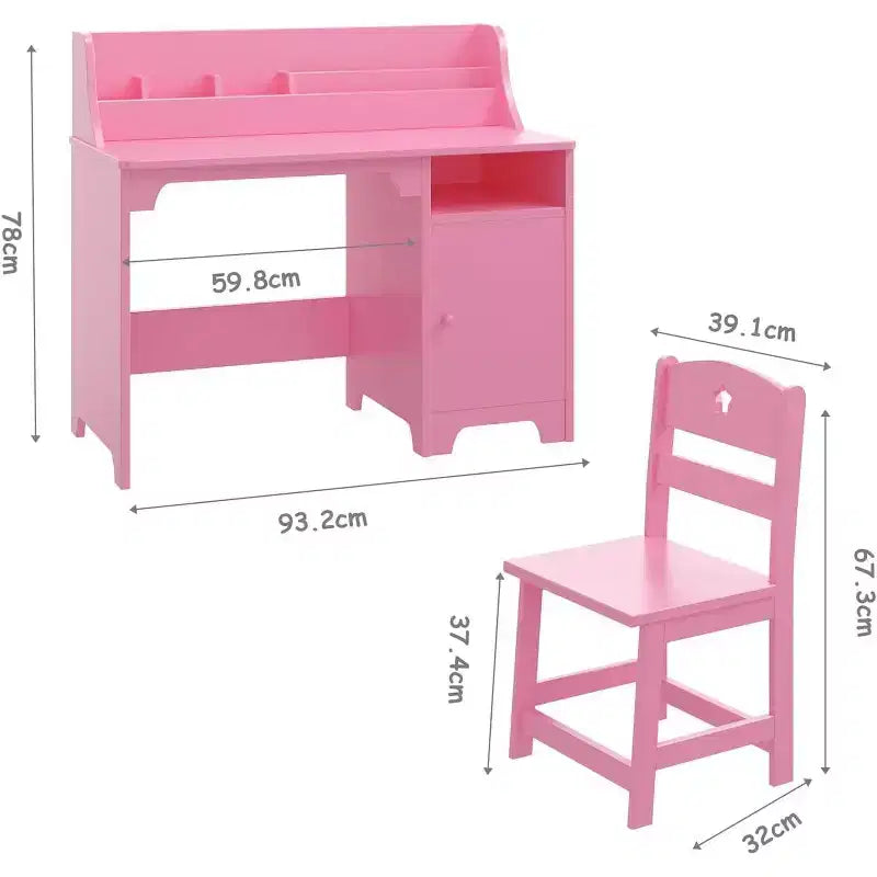 Bureau et chaise pour enfant, rose/blanc, avec étagère et rangement, 1 place
