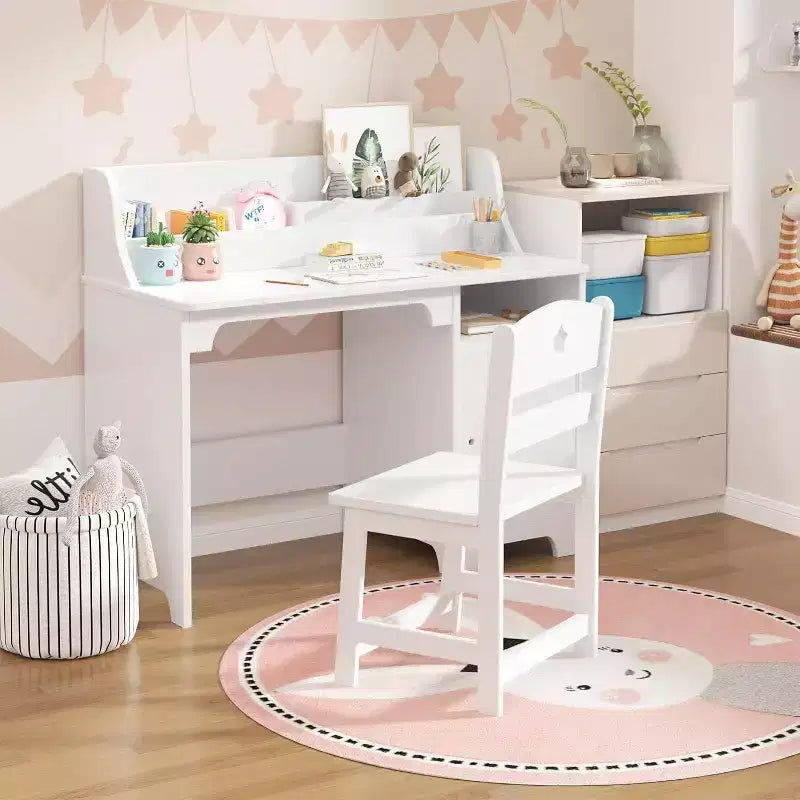 Bureau et chaise pour enfant, rose/blanc, avec étagère et rangement, 1 place