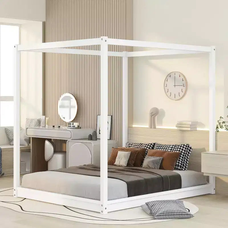 Lit plateforme baldaquin Naturel / Blanc – Grand lit et très grand lit, 2 personnes