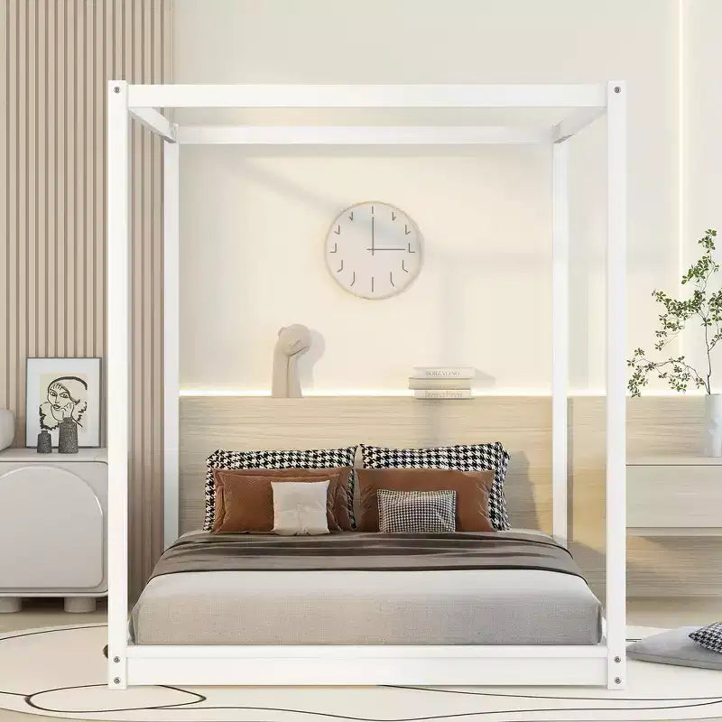 Lit plateforme baldaquin Naturel / Blanc – Grand lit et très grand lit, 2 personnes