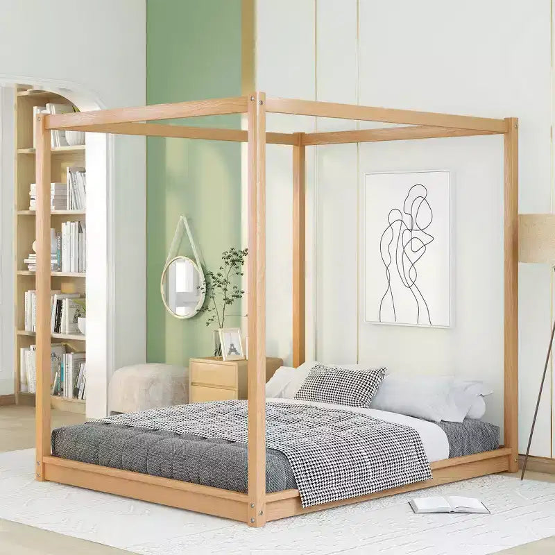 Lit plateforme baldaquin Naturel / Blanc – Grand lit et très grand lit, 2 personnes