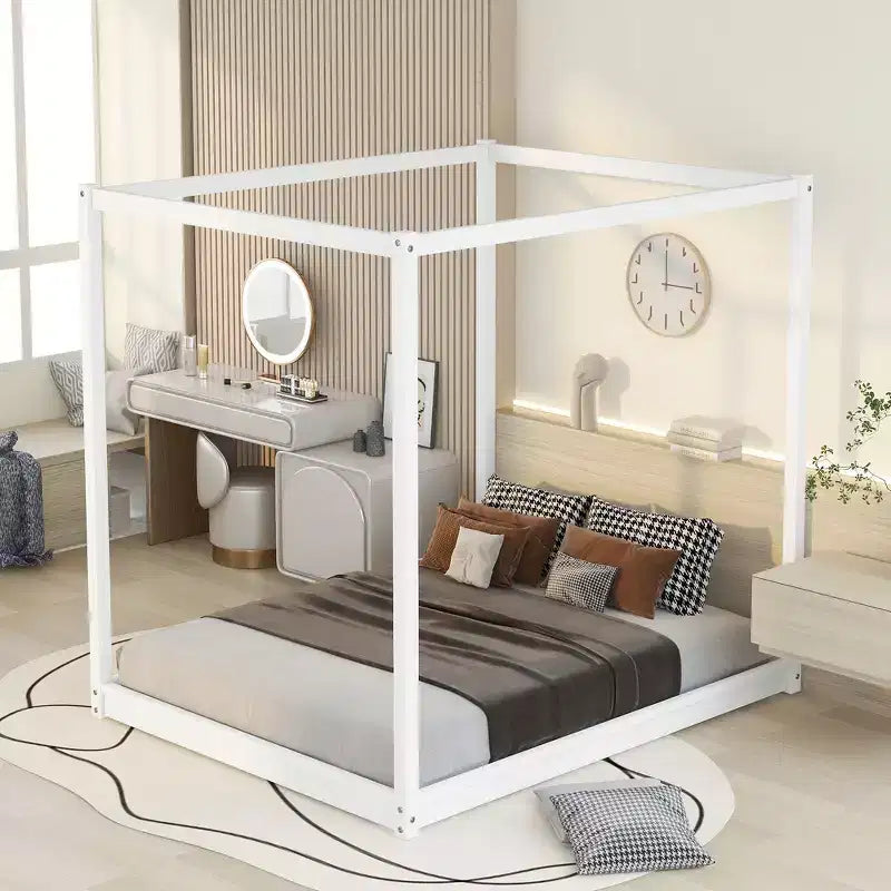 Lit plateforme baldaquin Naturel / Blanc – Grand lit et très grand lit, 2 personnes