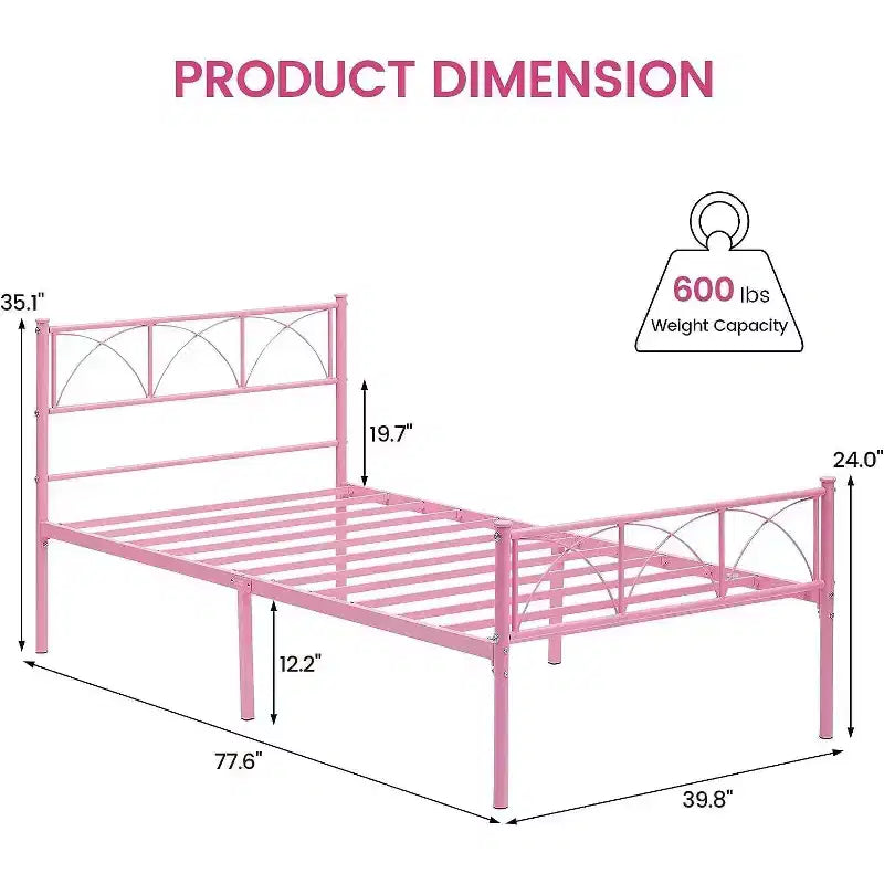 Lit plateforme double en métal avec tête de lit et rangement – Noir / Rose / Blanc, convient à 1 personne