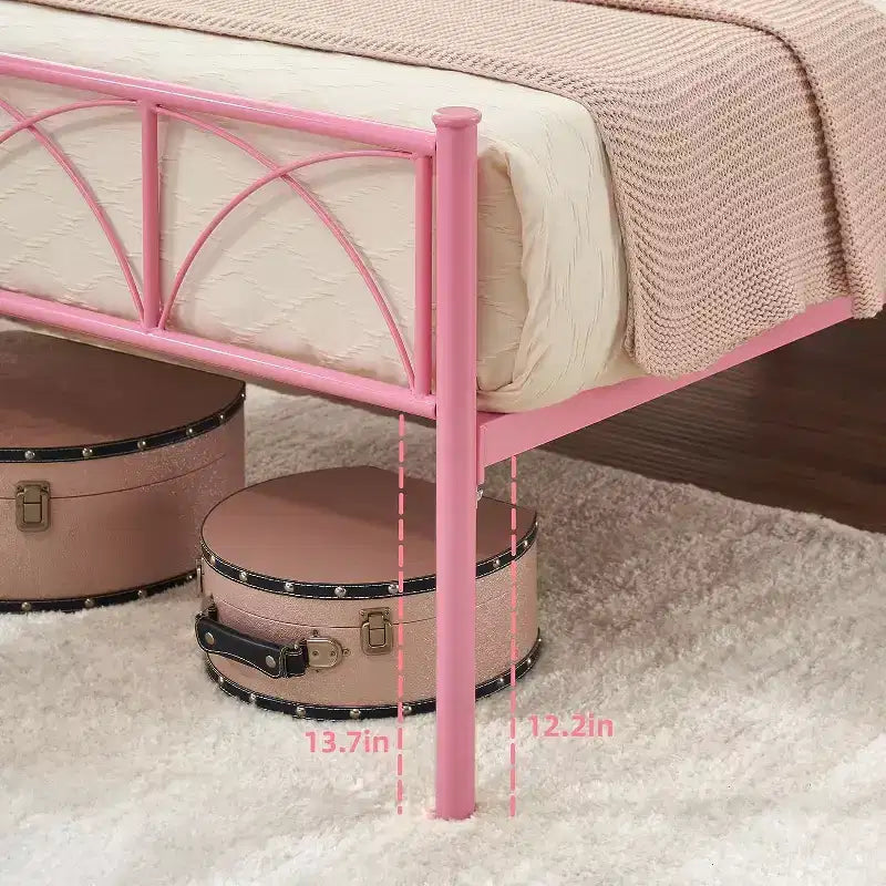 Lit plateforme double en métal avec tête de lit et rangement – Noir / Rose / Blanc, convient à 1 personne