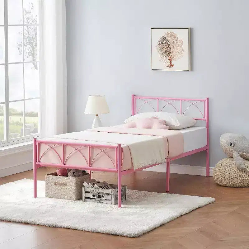 Lit plateforme double en métal avec tête de lit et rangement – Noir / Rose / Blanc, convient à 1 personne
