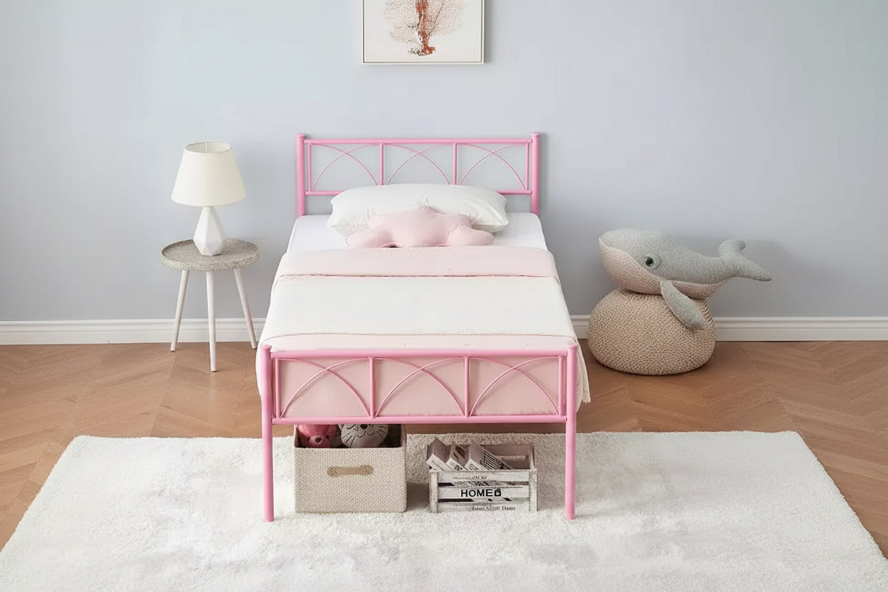 Lit plateforme double en métal avec tête de lit et rangement – Noir / Rose / Blanc, convient à 1 personne