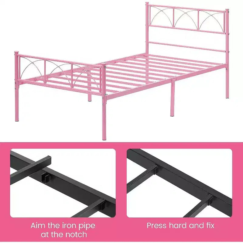 Lit plateforme double en métal avec tête de lit et rangement – Noir / Rose / Blanc, convient à 1 personne