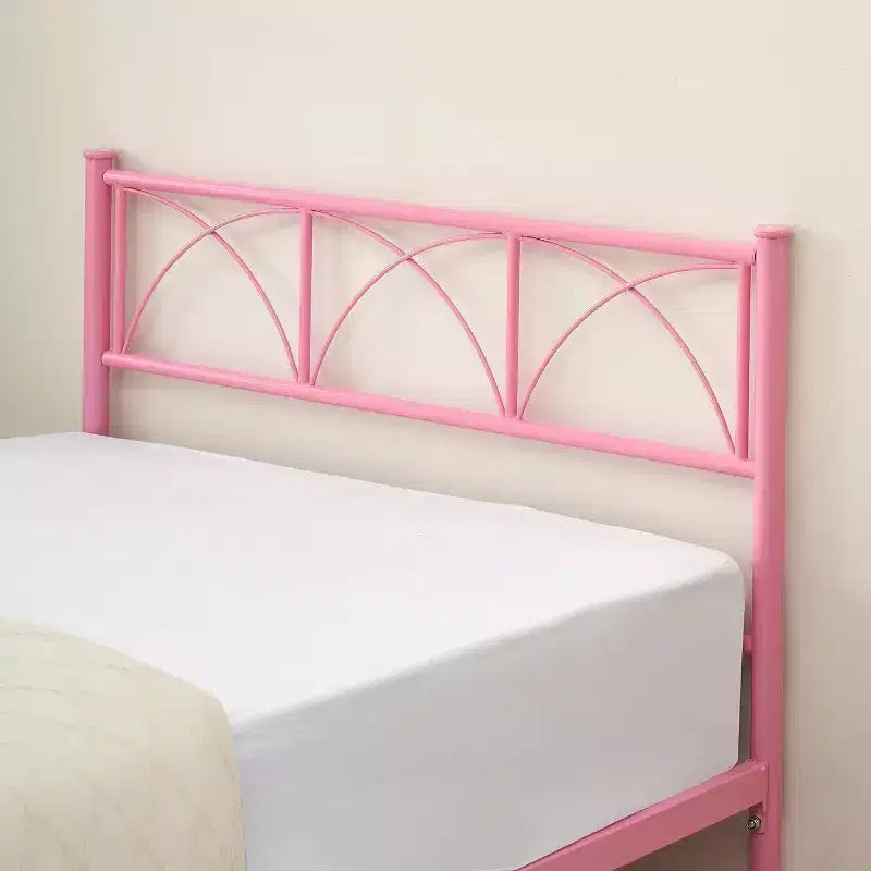 Lit plateforme double en métal avec tête de lit et rangement – Noir / Rose / Blanc, convient à 1 personne
