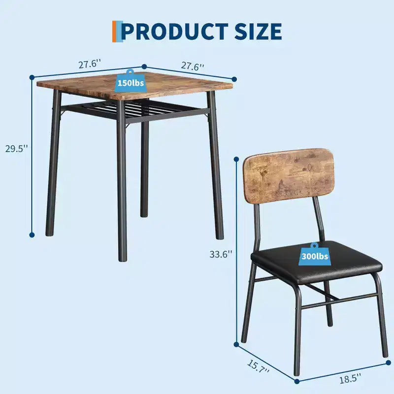 Ensemble de salle à manger 3 pièces – Structure métallique et étagère de rangement, 2 places (Noir / Gris / Marron rustique)