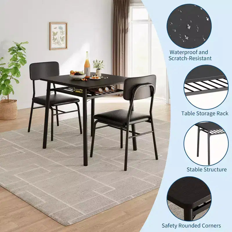 Ensemble de salle à manger 3 pièces – Structure métallique et étagère de rangement, 2 places (Noir / Gris / Marron rustique)