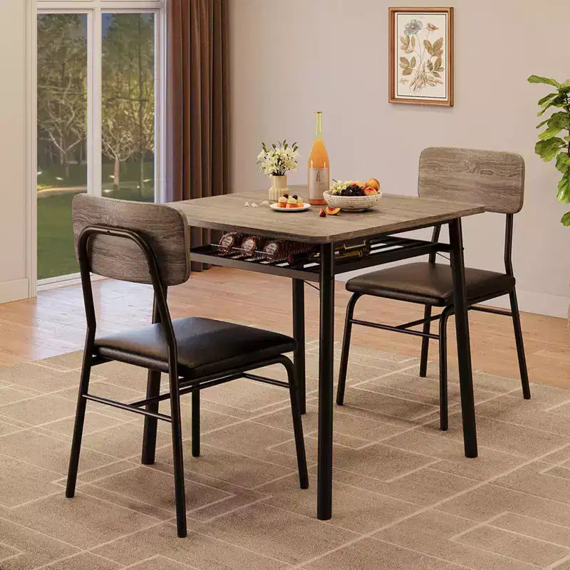 Ensemble de salle à manger 3 pièces – Structure métallique et étagère de rangement, 2 places (Noir / Gris / Marron rustique)
