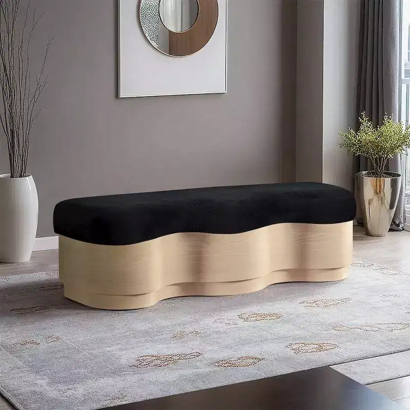 Banc rembourré en velours noir, piètement ondulé, 1 place