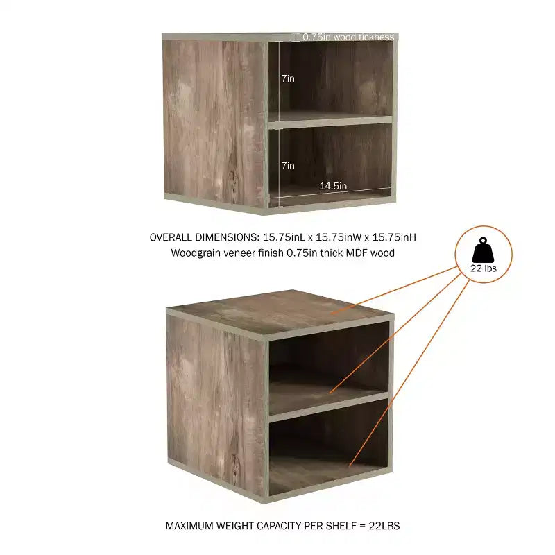 Table d'appoint cube empilable en similibois gris avec étagères ouvertes, 1 pièce