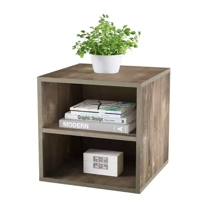 Table d'appoint cube empilable en similibois gris avec étagères ouvertes, 1 pièce