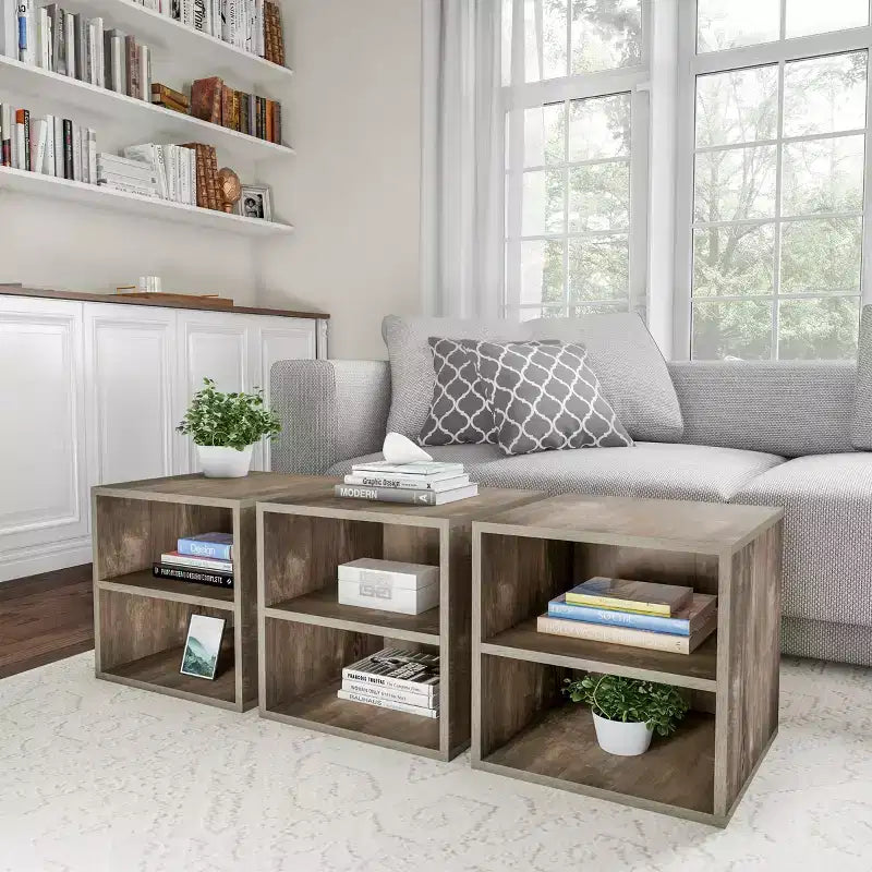 Table d'appoint cube empilable en similibois gris avec étagères ouvertes, 1 pièce