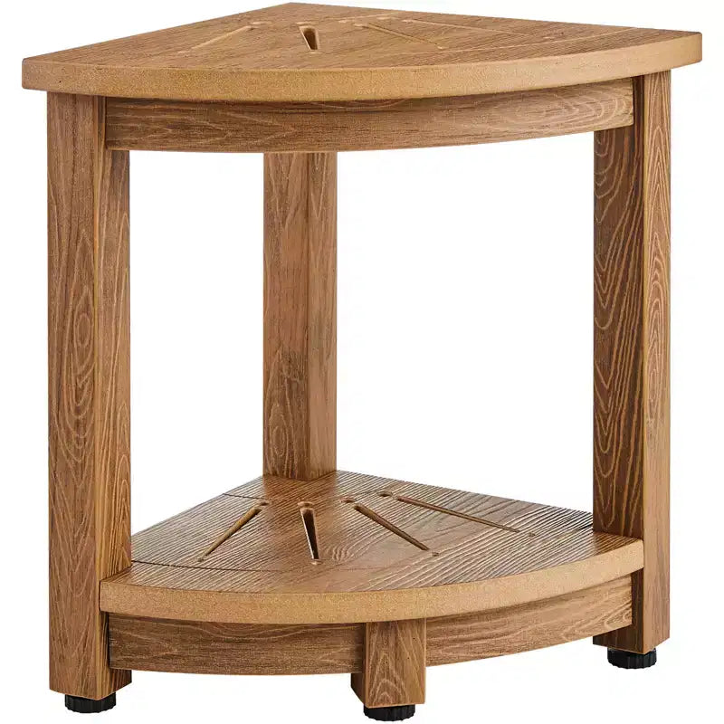 VEVOR Corner Shower Bench, 16.5 Height 12.8 Radius, Faux Wood Grain Polystyrene, 350 LBS with Storage Shelf, Water Resistant, Shower Stool, Brown