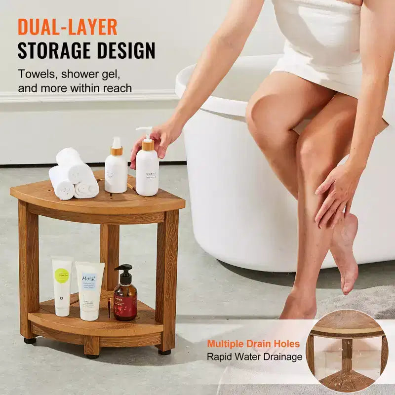 Tabouret de douche d'angle marron, triangulaire, pour une personne, capacité de 159 kg, avec étagère de rangement