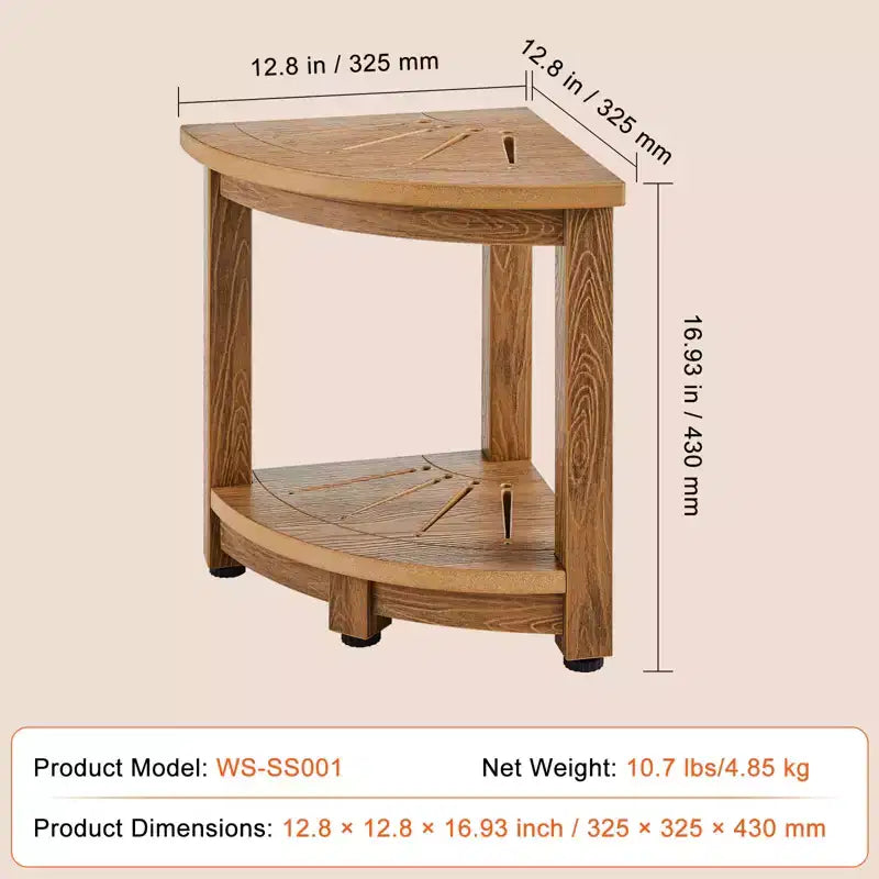 Tabouret de douche d'angle marron, triangulaire, pour une personne, capacité de 159 kg, avec étagère de rangement