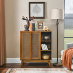 Mobile credenza a buffet in rattan e noce, stile mid-century, per stanza singola