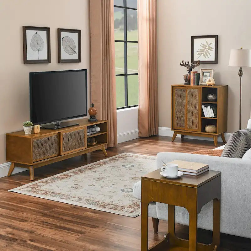 Mobile credenza a buffet in rattan e noce, stile mid-century, per stanza singola
