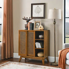 Mobile credenza a buffet in rattan e noce, stile mid-century, per stanza singola
