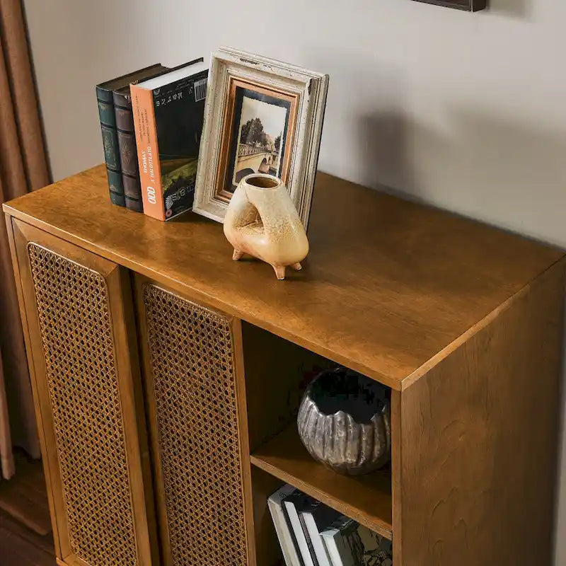 Mobile credenza a buffet in rattan e noce, stile mid-century, per stanza singola