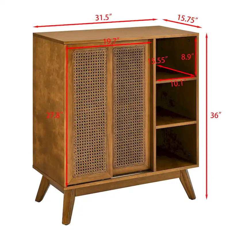 Mobile credenza a buffet in rattan e noce, stile mid-century, per stanza singola