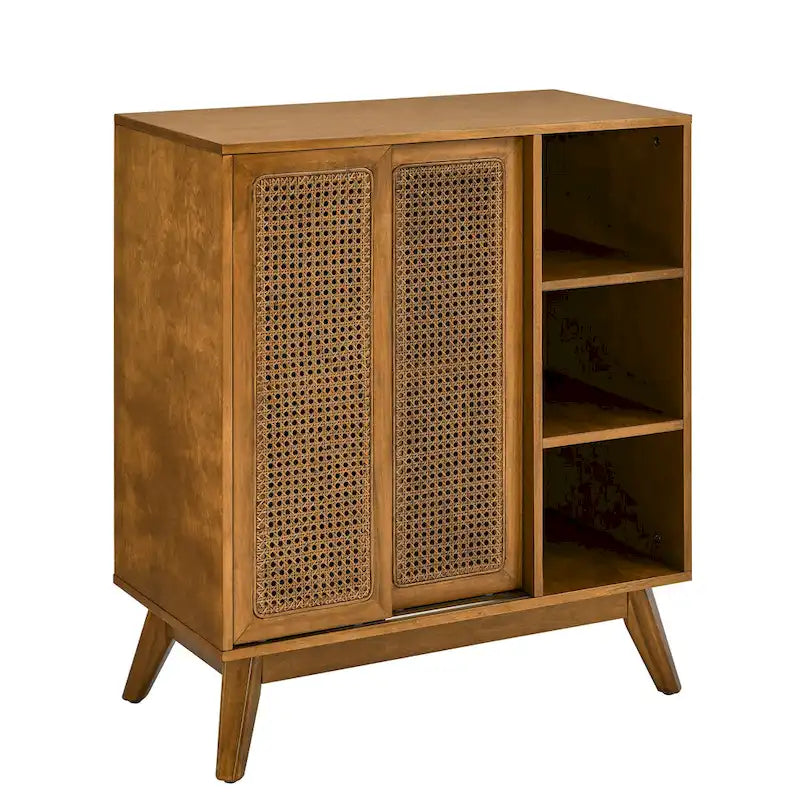 Mobile credenza a buffet in rattan e noce, stile mid-century, per stanza singola