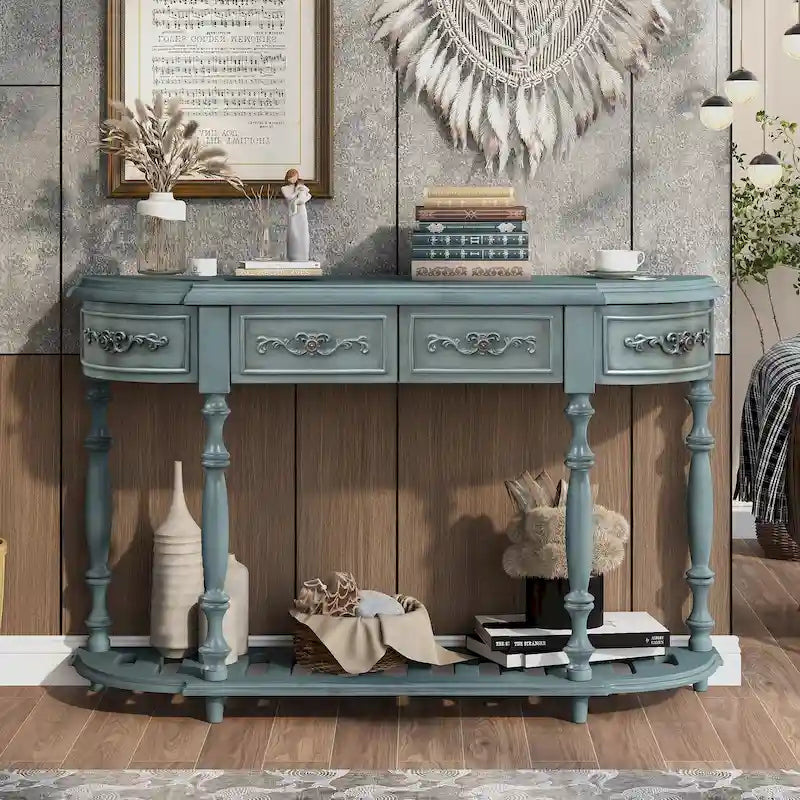 Console curva da 52" con 4 cassetti e ripiano – Blu antico/Nero