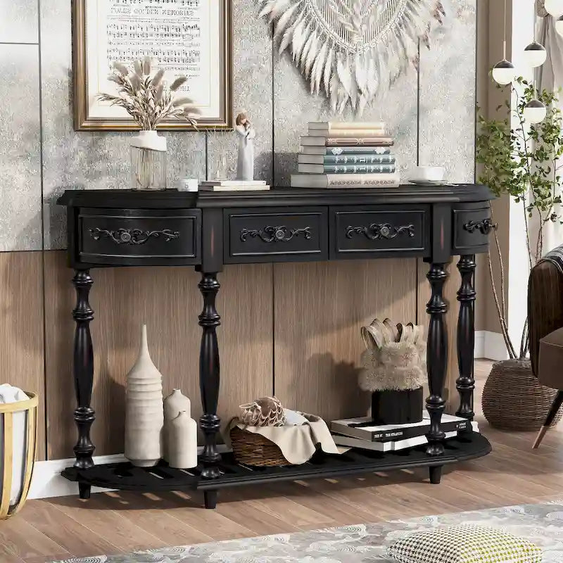 Console curva da 52" con 4 cassetti e ripiano – Blu antico/Nero