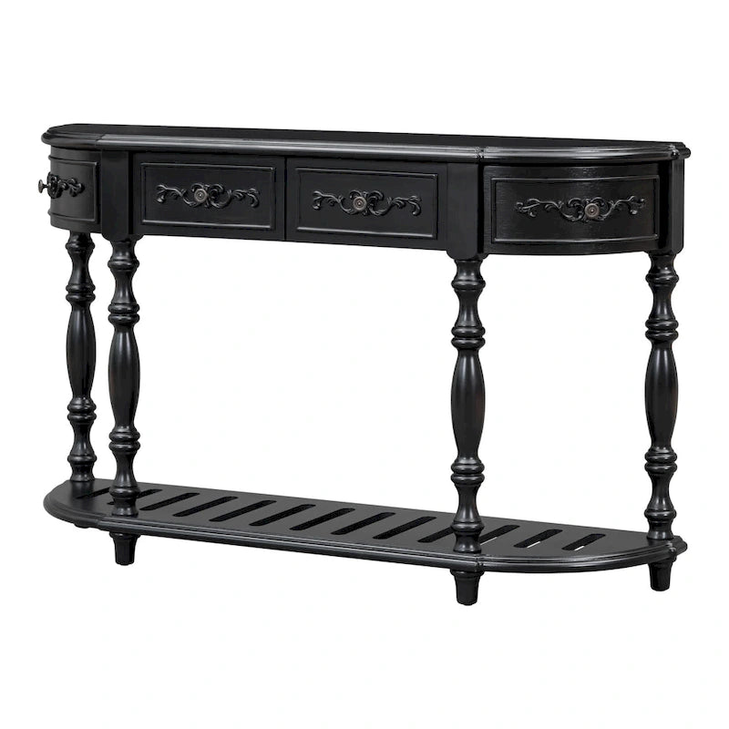 Console curva da 52" con 4 cassetti e ripiano – Blu antico/Nero