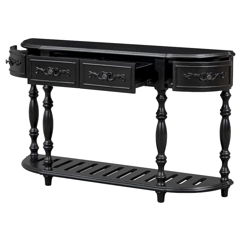Console curva da 52" con 4 cassetti e ripiano – Blu antico/Nero