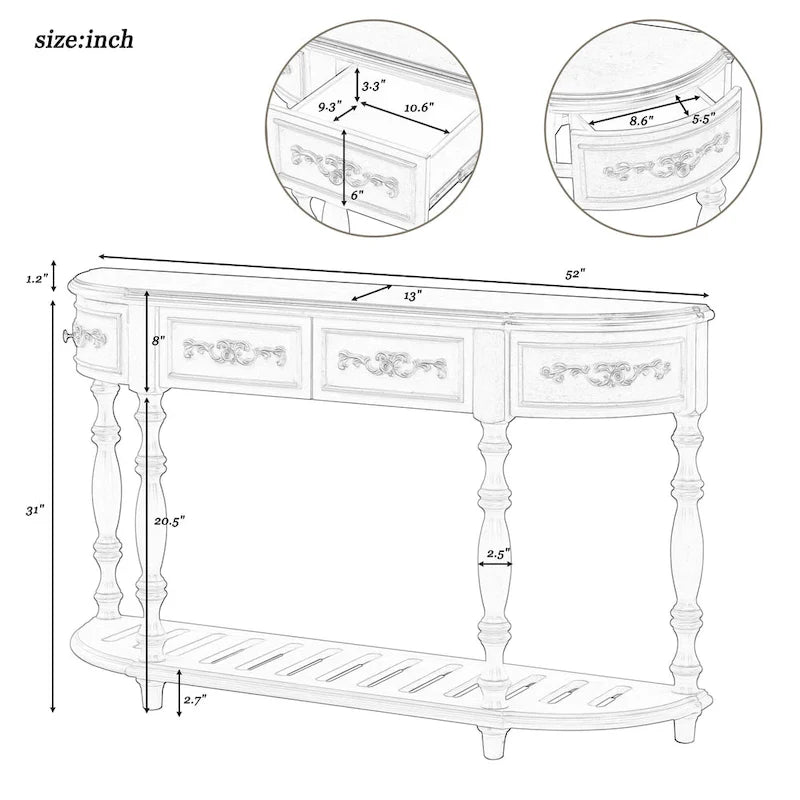 Console curva da 52" con 4 cassetti e ripiano – Blu antico/Nero