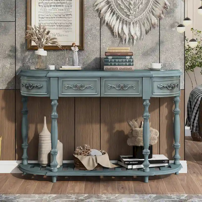 Console curva da 52" con 4 cassetti e ripiano – Blu antico/Nero