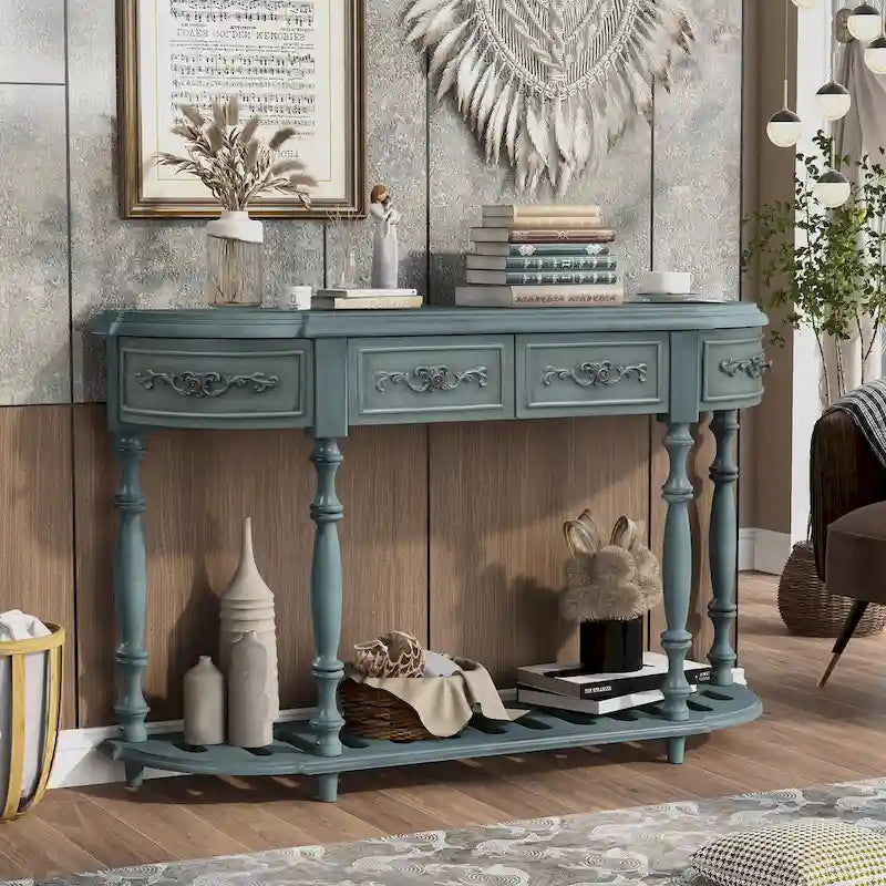 Console curva da 52" con 4 cassetti e ripiano – Blu antico/Nero