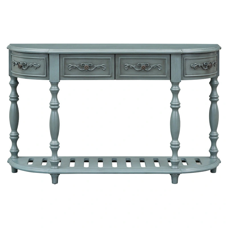 Console curva da 52" con 4 cassetti e ripiano – Blu antico/Nero
