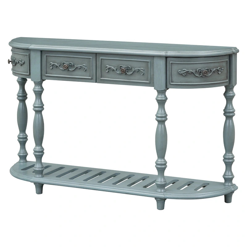 Console curva da 52" con 4 cassetti e ripiano – Blu antico/Nero
