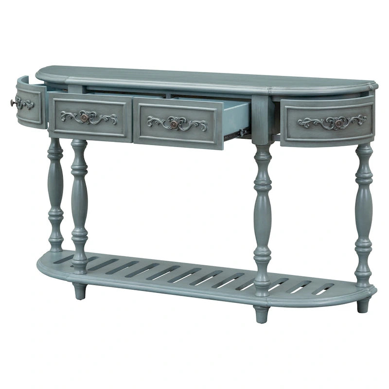 Console curva da 52" con 4 cassetti e ripiano – Blu antico/Nero