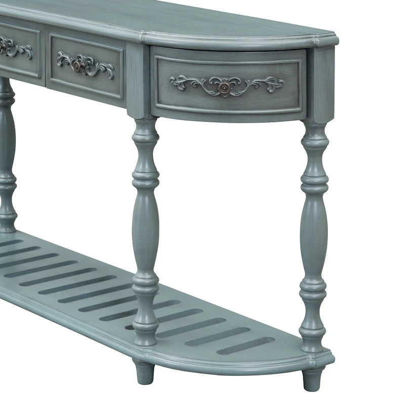 Console curva da 52" con 4 cassetti e ripiano – Blu antico/Nero