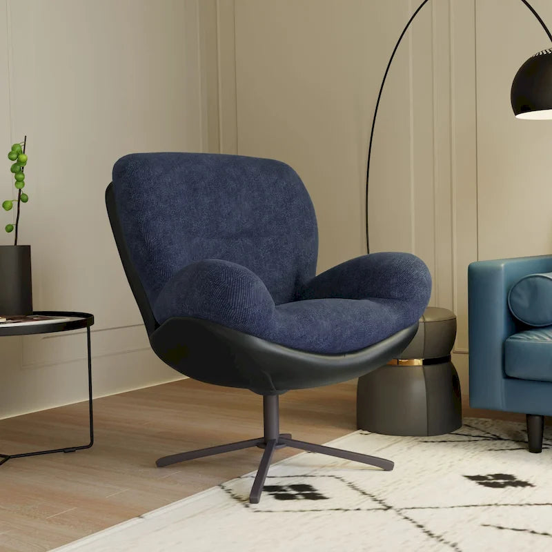 Poltrona girevole a 360° accentata nera/blu navy e grigia/marrone bianco – ciniglia e similpelle, seduta singola